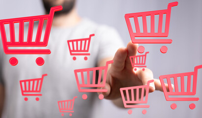 Aufkleber - Person interacting with virtual shopping carts, representing online shopping and e-commerce.