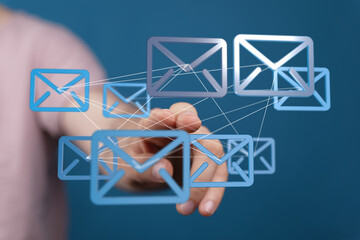 Poster - Hand interacting with a network of email icons.  Concept of global communication and digital marketing.
