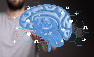 Aufkleber - 3D brain model with medical icons.  Healthcare, technology, innovation.