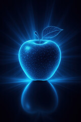 Poster - Glowing blue apple with leaf, radiating light against dark background, creates captivating and futuristic visual