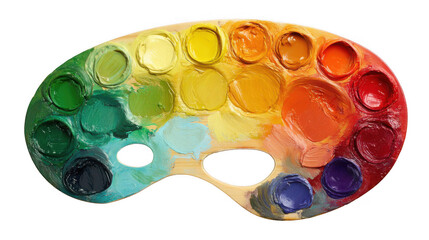 Poster - Wooden artist's palette displaying a vibrant array of oil paints in rich yellows, oranges, deep blues, and greens against a transparent background