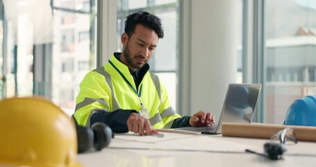 Aufkleber - Writing, man or architect on laptop in office for renovation blueprint, engineering or project management. Typing, builder or contractor in construction job for development with floor plan design
