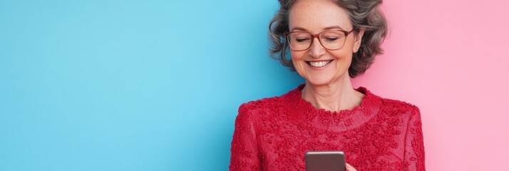 Poster - Woman With Glasses Uses Smart Phone Against Blue And Pink Two Toned Banner Background