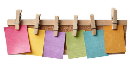 Aufkleber - Colorful reminder notes hanging on a cork board with wooden clothespins, isolated on a transparent background, creating a vibrant and organized display for important messages and tasks