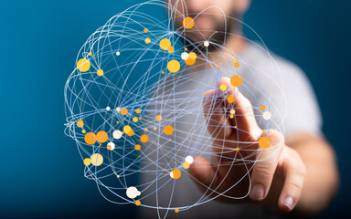 Fototapete - Abstract image of a person interacting with a digital network, representing global connectivity and data visualization.
