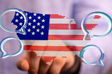 Aufkleber - Digital illustration of the USA map with chat bubbles, representing communication and connection.