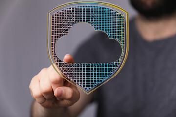 Poster - Image depicting a digital shield protecting a cloud, symbolizing secure cloud data.