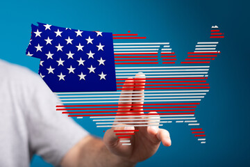Poster - Hand interacting with a digital US map graphic incorporating the American flag.