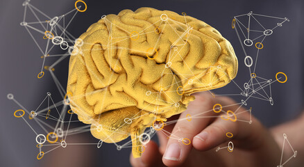 Aufkleber - 3D golden brain model, neural network, connections, technology, intelligence, AI, future, innovation, creativity, mind, thinking, concept.