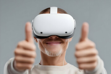 Poster - A person wearing a virtual reality headset gives a thumbs up, showcasing excitement for immersive tech experiences.