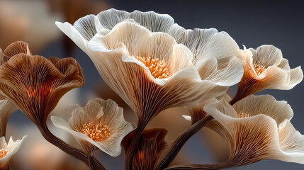 Poster - Close-up of abstract glowing mushroom-like structures with intricate folds and a radiant inner light effect