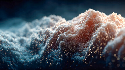Poster - Abstract macro image of textured waves illuminated by soft orange and blue light, resembling powdered peaks or sound waves