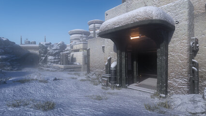 Poster - Entrance to a building of a sci-fi fantasy artic outpost building. 3D render.