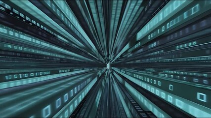 Digital binary tunnel futuristic abstract animation of data stream visualization in cyan tones
