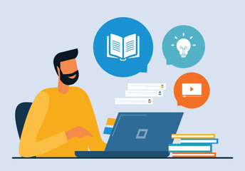 Aufkleber - business online education. a man working and learning online on a laptop. flat illustration design concept
