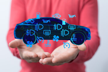 Poster - Stock photo of a person's hands holding a digital car with illuminated warning lights.  Perfect for automotive, technology, and repair concepts.