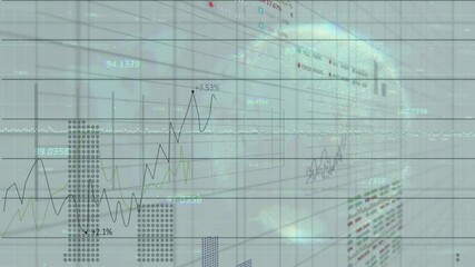 Poster - Grid emerging, plotting line graphs and bars rising, displaying market trend against rotating globe