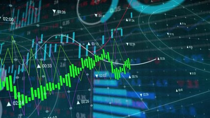 Poster - Starting green bars rising, white curve reversing, lines weaving, rising bars showing market trends