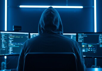man in hoodie working on multiple computer screens, digital code displayed. internet hacker or progr