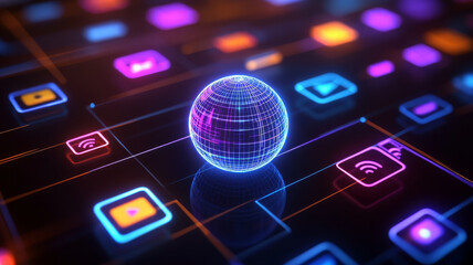 Poster - Dynamic digital artwork of holographic globe surrounded by colorful icons, representing