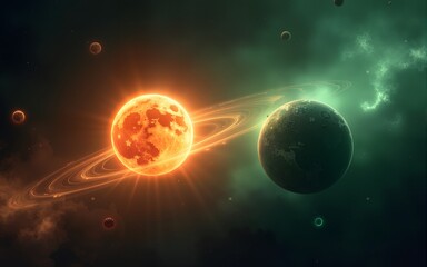 Wall Mural - Cosmic scene with orange and green planets connected by glowing lines, set against dark nebula background symbolizing interconnectedness and celestial wonder, ideal for science fiction or space themes