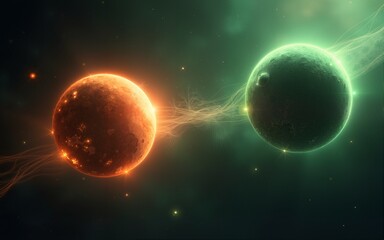 Wall Mural - Cosmic scene with orange and green planets connected by glowing lines, set against dark nebula background symbolizing interconnectedness and celestial wonder, ideal for science fiction or space themes