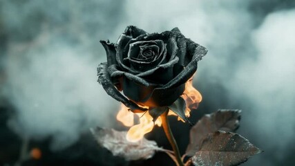 Poster - Black Rose Surrounded by Flames, Symbolizing Beauty, Darkness, and Transformation in a Fiery Setting 4k video footage