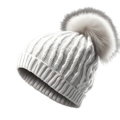 Poster - White snow cap beanie with pompom, isolated on a empty plain background