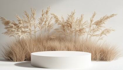 Poster - White Podium With Earth Tones: Product Display Stand And Cosmetic Mockup With Simple Cylinder Stage Ornamentation