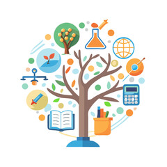 Poster - Social network concept with a tree design featuring business, communication, and technology icons, perfect for web and internet illustrations