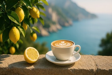 Poster - cup of coffee with latte art on stone wall by ocean, next to lemon wedge.