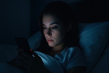 Poster - womlying in bed looking at her phone.