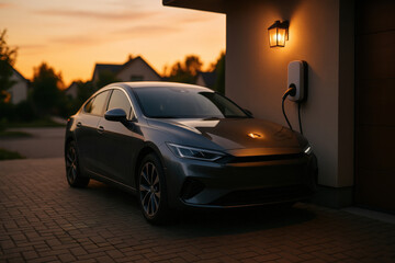 Aufkleber - silver Teslcar is parked in front of garage during sunset.