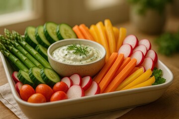 Poster - tray of raw vegetables, including carrots, celery, radishes, and tomatoes, accompanied by small bowl of creamy dip.