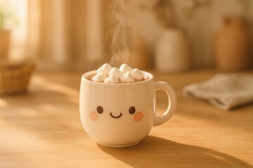 Poster - white coffee cup with smiley face on side, filled with hot chocolate topped with whipped cream, sitting on wooden table.