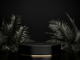 Poster - pixel perfect image of 3d realistic black pedestal on a black background with golden elements and palm leaves. Empty space design luxury mockup scene for product. . high detail 8k