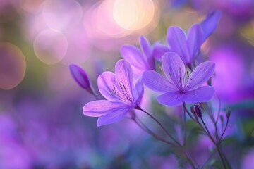 Poster - Purple flowers blooming in soft sunlight with bokeh effect