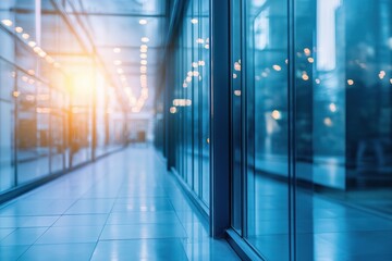 Poster - Modern glass corridor reflecting light in office building