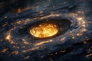 Poster - •  Black hole absorbing light with glowing stars circling its edge 