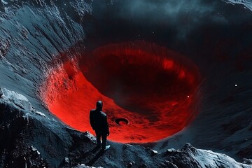 Poster - •  Black void figure in crater lit by the light of a distant crimson planet 