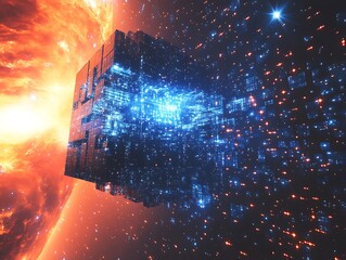 Poster - Cobalt cube city hovers over orange plasma rift, stars form geometric grid 