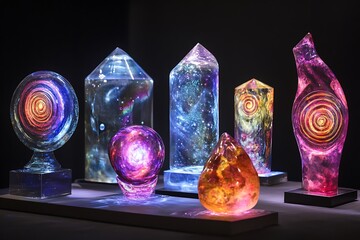 Poster - Cosmic symbols and shapes orbit through translucent gas forms 