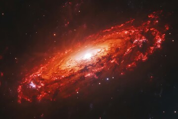 Poster - •  Crimson flare storm over a spiral galaxy with glowing arcs 