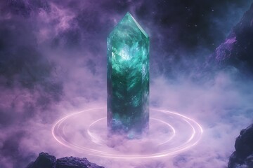 Poster - •  Emerald crystal pillar levitates in a lavender-blue cosmic mist, surrounded by glowing rings 