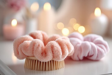 Poster - Close-up of soft pink scrunchies with candles, capturing the serene, cozy beauty and the gentle ambiance of relaxation, perfect for lifestyle and wellness photography.