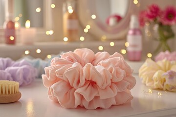 Poster - A closeup of a peach-colored scrunchie with other scrunchies and beauty items on a vanity, with bokeh lights creating a soft, dreamy atmosphere, a lifestyle beauty product.