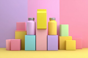Poster - a playful arrangement of pastel-colored bottles and rectangular blocks creates a cheerful and vibran