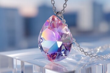 Poster - A close-up shot of a prism pendant necklace on a glossy surface, showcasing its vibrant iridescent colors and intricate facets against a blurred blue background.