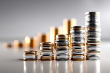 Poster - Rising stacks of gold and silver coins, symbolizing growth, investment, and financial success in business, with bright, blurred bar graphs in the background.