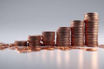 Poster - A progressive stacks of shiny new copper coins showing financial growth and increase, representing savings, investments and monetary success on neutral background.